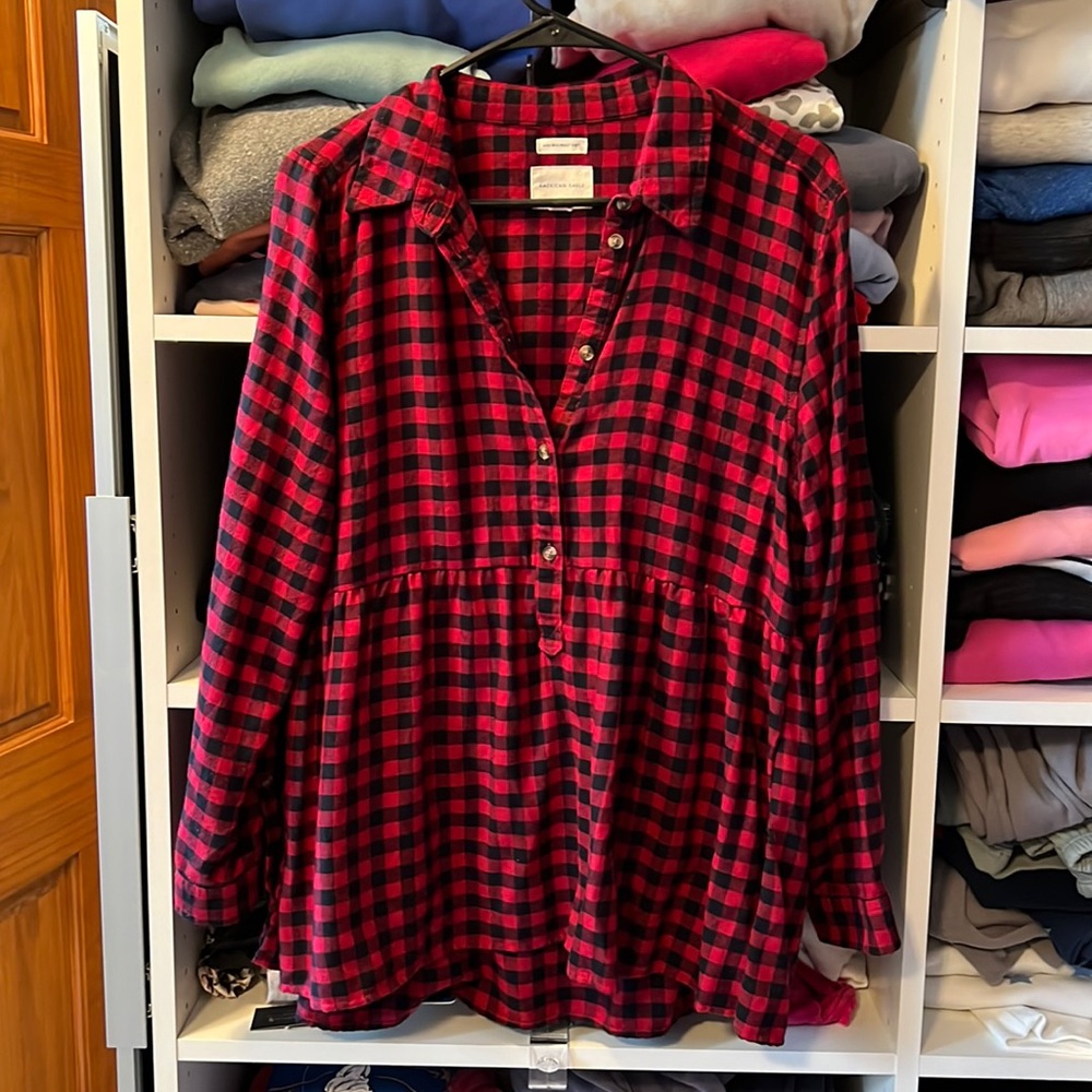 Peplum pullover flannel gingham buffalo check red and black top